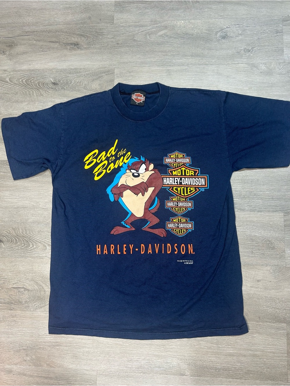 Vintage 1993 navy blue Harley Davidson Tasmanian Devil Taz "bad to the bone" SzL